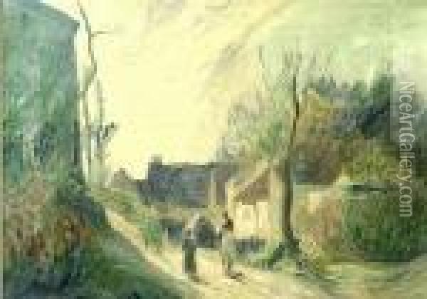 Figures With A Donkey In A Village Street Oil Painting - Albert Lebourg