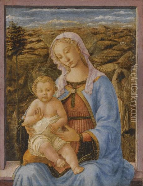 The Madonna And Child Seated On A Window Ledge, A Landscapebeyond Oil Painting - Francesco Stefano Di Pesellino