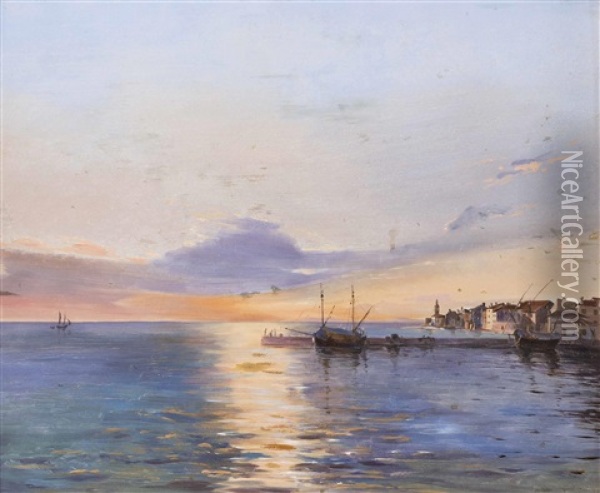Sonnenuntergang Am Mittelmeer Mit Fischerdorf Oil Painting - Bernardo Hay