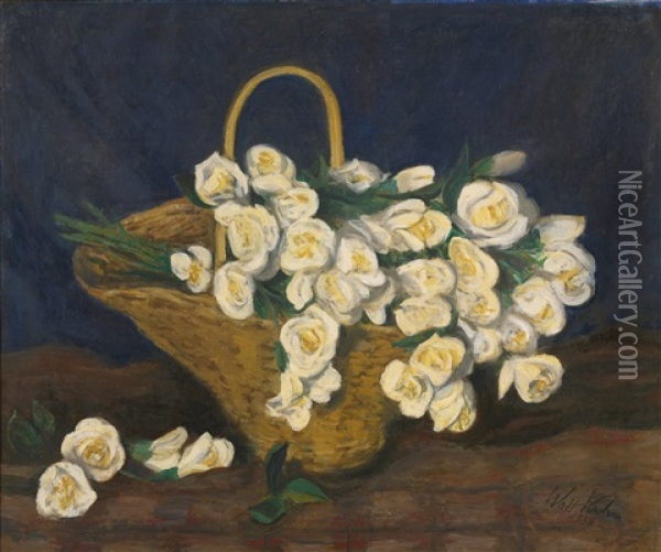 White Roses In Basket Oil Painting - Walt Kuhn
