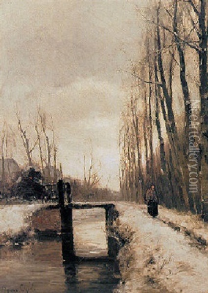A Winter Landscape With A Figure On A Path Oil Painting - Louis Apol