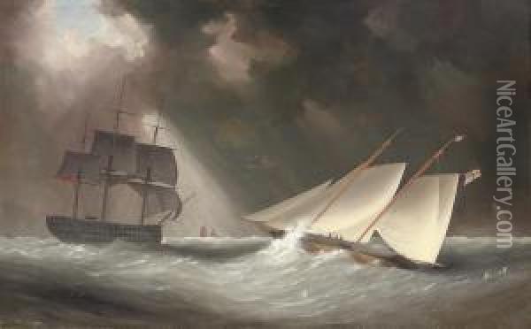 A Two-masted Schooner Of The Royal Yacht Squadron Approaching A Naval Two-decker In Choppy Seas Oil Painting - Barlow Moore