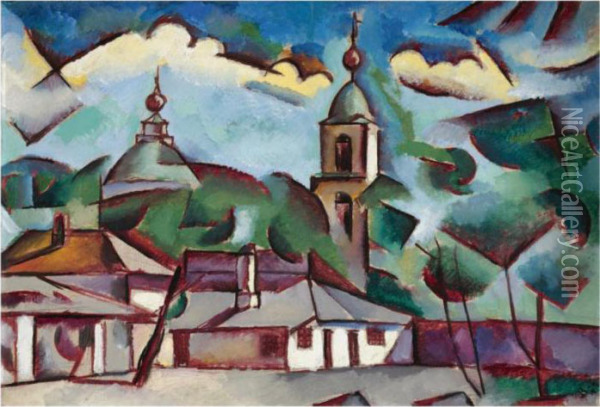 Landscape With Church Oil Painting - Vladimir Baranoff-Rossine