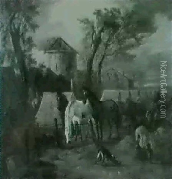A Cavalry Encampment Beside Anitalian Town Oil Painting - Pieter van Bloemen