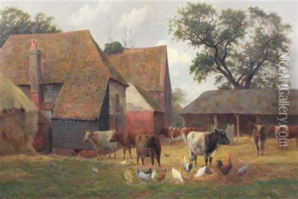 Cattle And Poultry In A Farmyard Oil Painting - William Sidney Cooper
