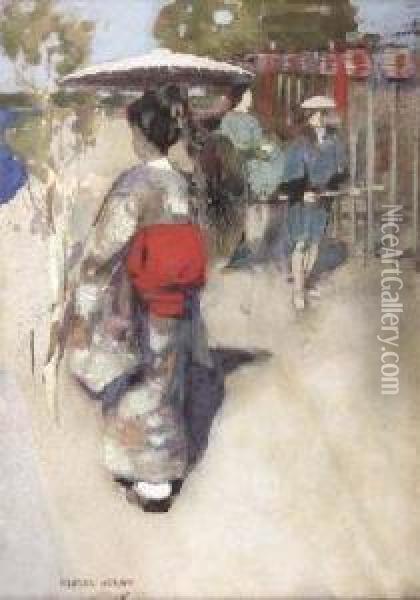 Japanese Lady And Rickshaw Oil Painting - George Henry