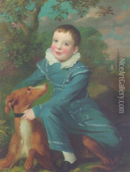 Portrait Of A Boy In A Blue Suit, A Dog Beside Him, In A Wooded Landscape, A Classical Church Beyond Oil Painting - John Opie