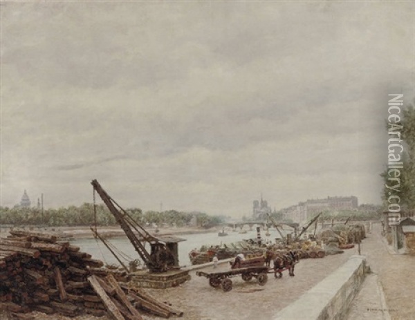 Activities On The Quay Of Ille St. Louis, Paris Oil Painting - Marie Francois Firmin-Girard