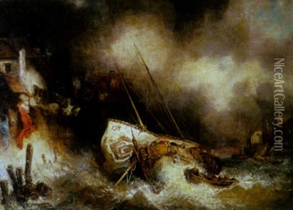 A Stormy Night With Three Fishing Boats In Distress Oil Painting - Louis-Gabriel-Eugene Isabey
