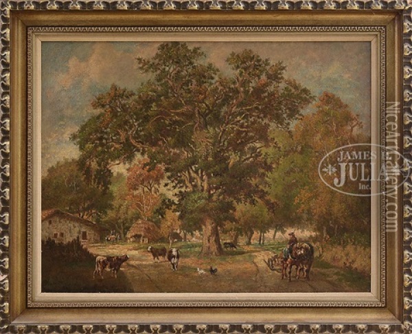 French Farmyard With Cows And Horse Drawn Plow Oil Painting - Leon Victor Dupre