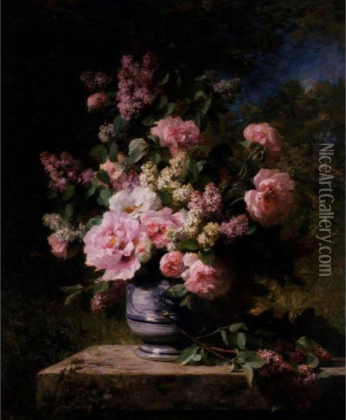 Lilacs And Peonies With A Porcelain Vase In The Garden Oil Painting - Louis Marie Lemaire