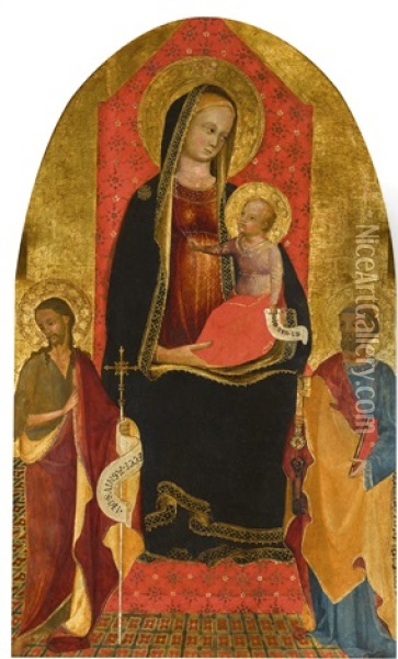 Madonna And Child Flanked By Saint John The Baptist And Saint Peter Oil Painting - Battista Di Biagio Sanguigni