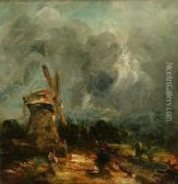 Extensive Landscape With Figure And Windmill In The Foreground Oil Painting - John Constable