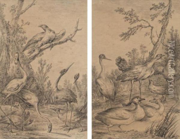 Paire De Groupes D'oiseaux Dans Des Decors Arbores Oil Painting - Jean-Baptiste Oudry