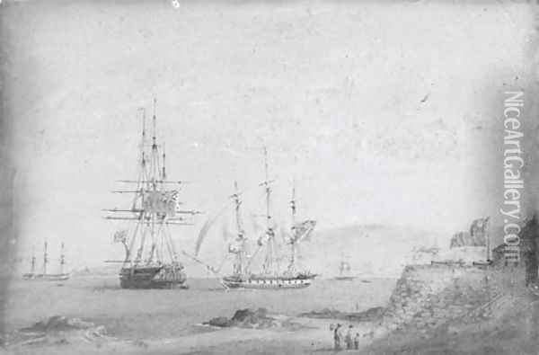 A British frigate getting under way off a Chilean fortress, a British two-decker and a French frigate anchored nearby Oil Painting - Nicholas Condy