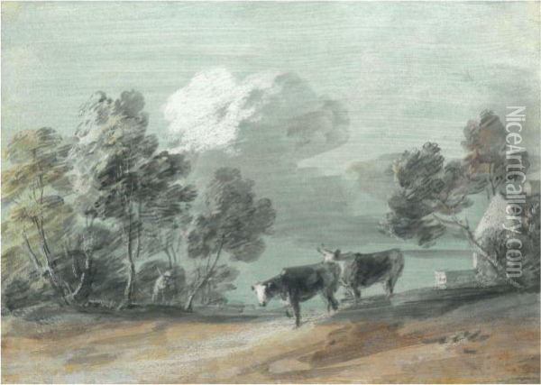 Wooded Landscape With Herdsman, Cows And Cottage Oil Painting - Thomas Gainsborough