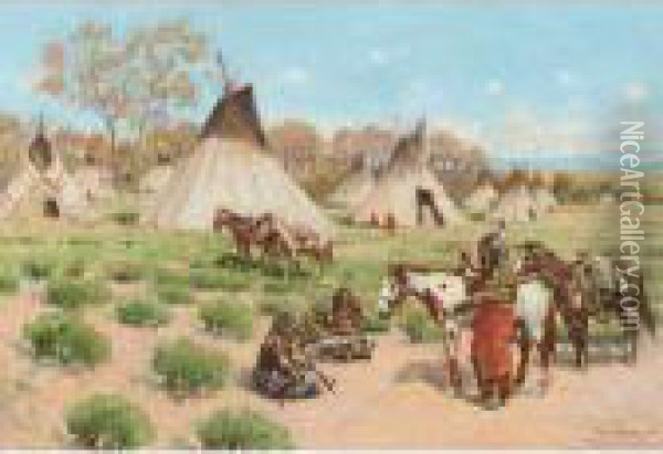A Visit In Camp, Pine Ridge Reservation, South Dakota Oil Painting - John Hauser
