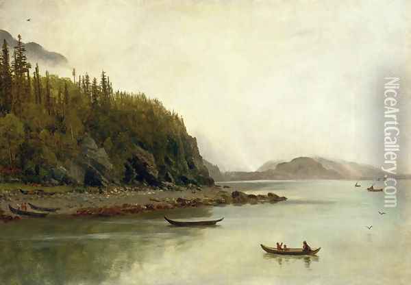 Indians Fishing Oil Painting - Albert Bierstadt