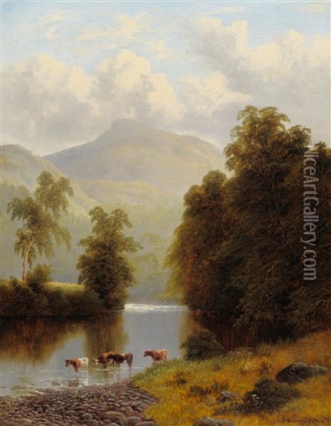Summer River Landscape With Cattle Watering Oil Painting - William Mellor