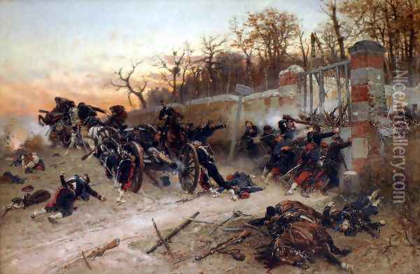 Defence of Longboyau's gate, château of Buzenval, on Octobre 21th 1870 Oil Painting - Alphonse de Neuville