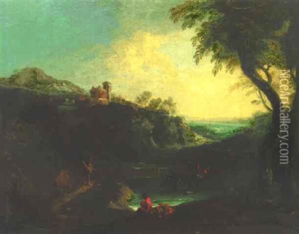 A Rocky Landscape With Peasants By A Pool Oil Painting - Gaspard Dughet