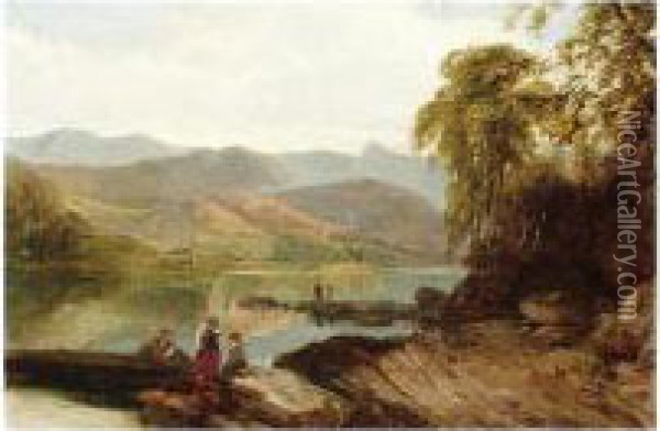 Windemere With Raye Castle In The Distance, Inscribed On Reverse, Oil On Panel, 25.5 X 35.5 Cm.; 10 X 14 In Oil Painting - George W. Pettitt