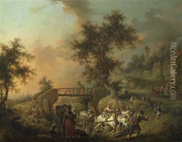 Pferdegespann Vor Einer Holzbrucke Oil Painting - Johann Conrad Seekatz