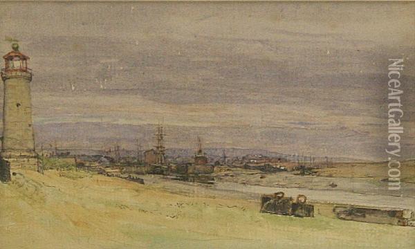 River Estuary With Lighthouse, Possibly The Orwell Oil Painting - Henry Robertson