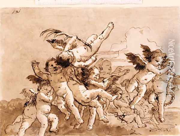 Angels in Flight, one holding a palm Oil Painting - Giovanni Domenico Tiepolo
