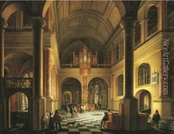 The Interior Of A Protestant Church At Night With Elegant Figures In The Foreground Oil Painting - Anthonie De Lorme