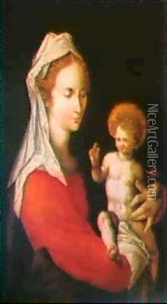 Madonna Mit Kind. Das Jesus- Kind Sitzt Auf Marias Rechtem  Arm, Seine Rechte Hand Zum Segensgestus Erhoben Oil Painting - Denys Calvaert