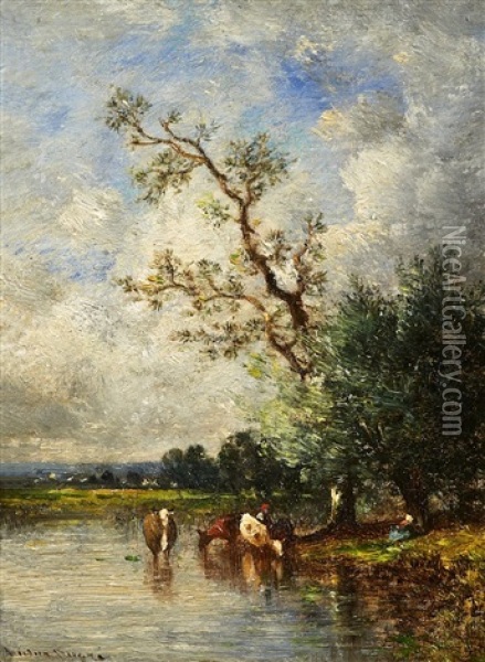 Kuhe Am Weiher Oil Painting - Leon Victor Dupre