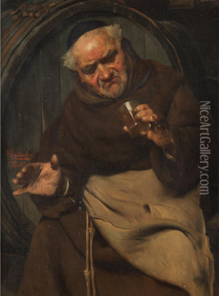 Monk With Glass Of Wine Oil Painting - Pompeo Massini