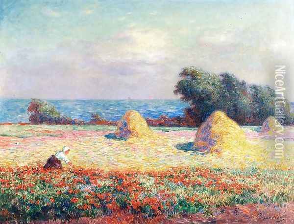 Stacks of Hay and Field of Poppies Oil Painting - Ferdinand Loyen Du Puigaudeau