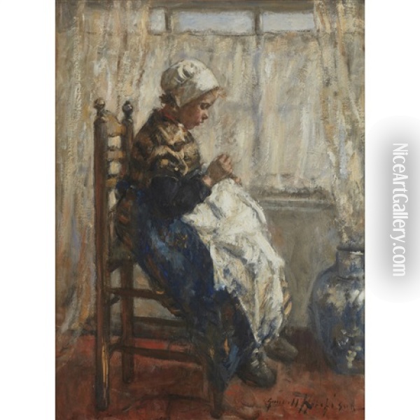 Sewing By The Window Oil Painting - Robert Gemmell Hutchison