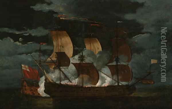 A naval engagement between a Dutch and British man'o-war Oil Painting - Willem Van De Velde