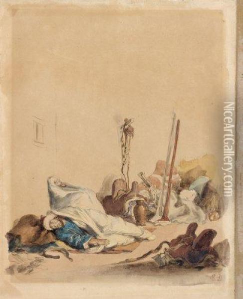 Deux Soldats Marocains Endormis Dans Un Corps De Garde A Meknes Oil Painting - Eugene Delacroix
