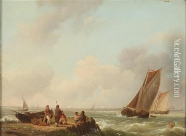Boats On River Oil Painting - Johannes Hermanus Barend Koekkoek