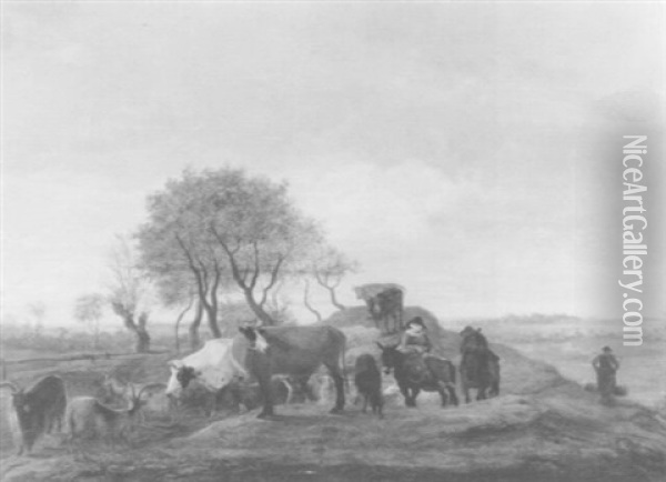 Travellers With Cattle In A Landscape Oil Painting - Cornelis Saftleven