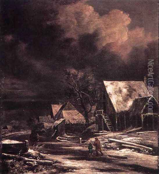 Village at Winter at Moonlight Oil Painting - Jacob Van Ruisdael