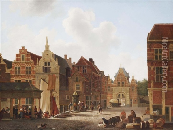 Market Day Near The Riedijkspoort, Dordrecht Oil Painting - Johannes Rutten