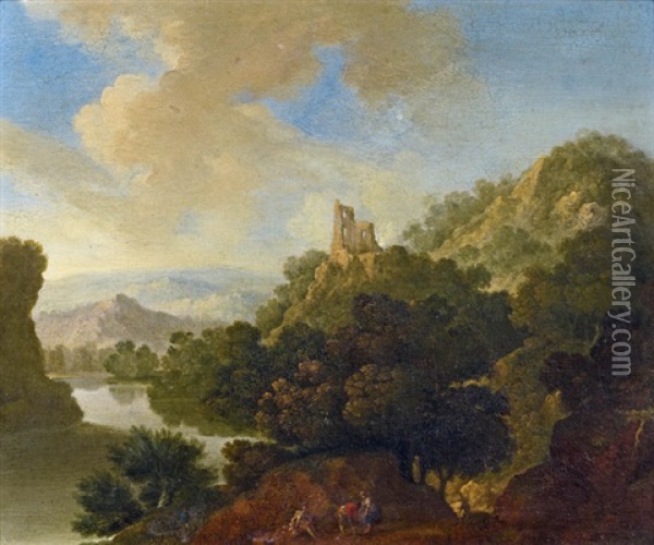 Bergige Flusslandschaft Mit Ruine Und Drei Staffagefiguren Oil Painting - Johannes Vorsterman