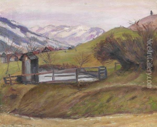 Landschaft Am Gailenbergmit See Und Hausern Oil Painting - Otto Modersohn