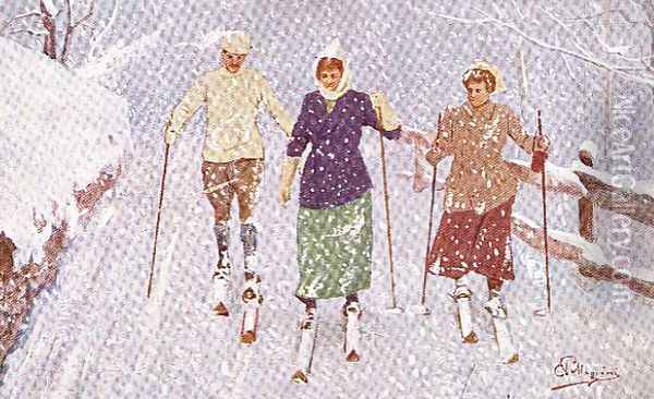 Three Skiers in a Snowstorm Oil Painting - Carlo Pellegrini