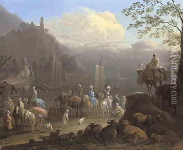 An elegant company of travellers by a harbour, with figures in the foreground, cattle and sheep beyond Oil Painting - Jan Baptist van der Meiren