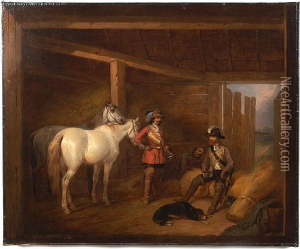Soldiers And Horses In A Stable Oil Painting - Joseph Ii Brodowski