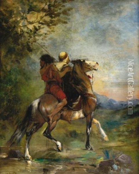 Arab A Cheval Portant En Croupe Un Fou Oil Painting - Eugene Fromentin
