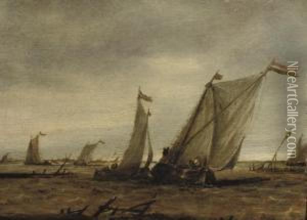 Fishing Boats In Choppy Waters Oil Painting - Abraham Hendrickz Van Beyeren