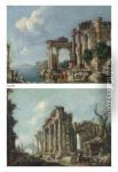 An Architectural Capriccio With Figures By A Bay Oil Painting - Giovanni Niccolo Servandoni