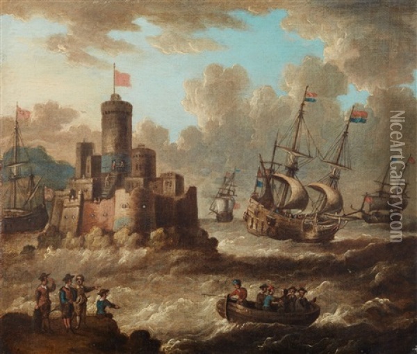 Maritime Scene With A Fortress Oil Painting - Peter van den Velde